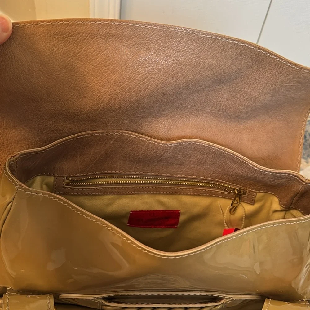 Valentino Garavani Camel Brown Braided-Handle Patent Satchel - Picture 9 of 13